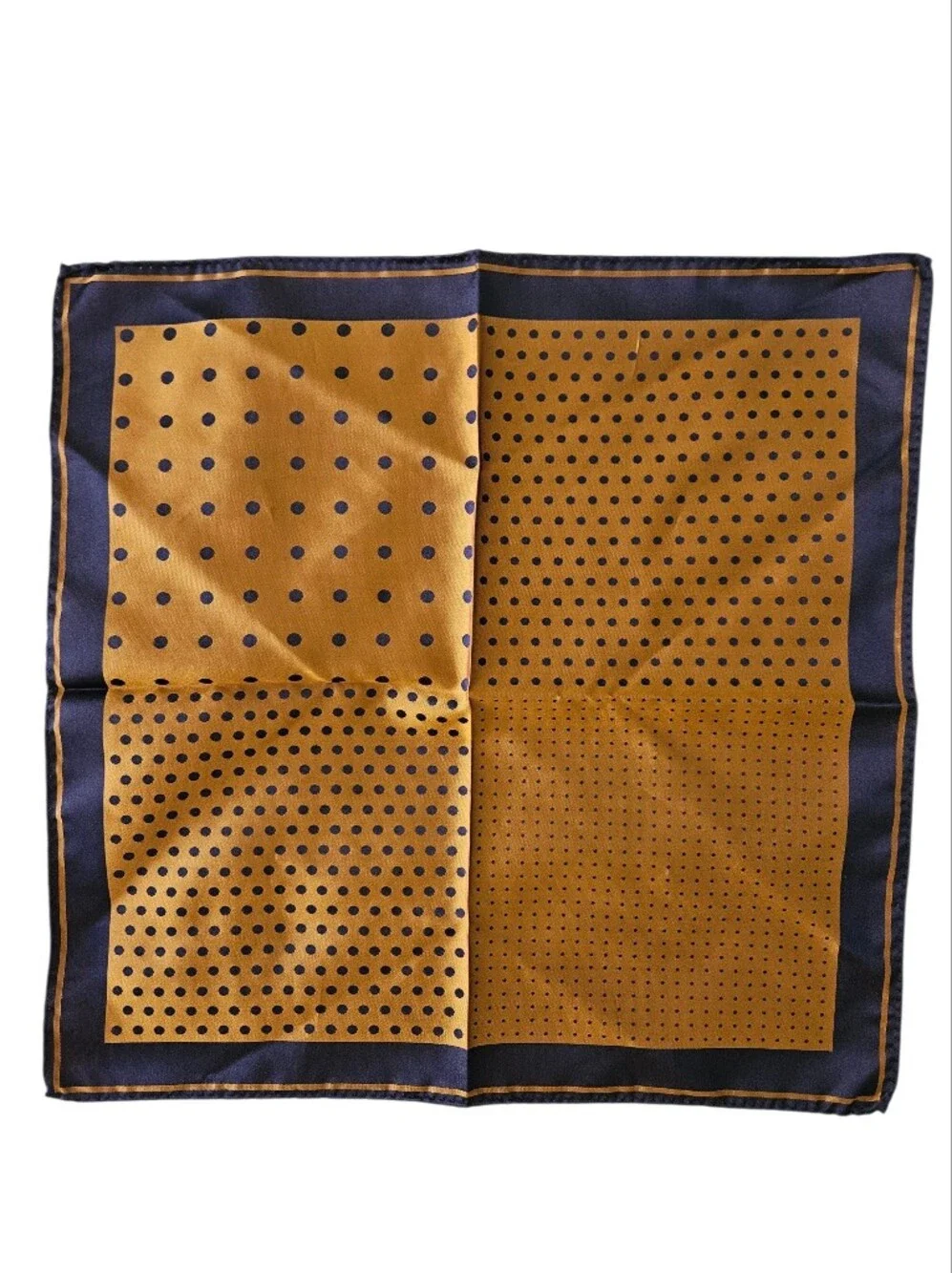 Luxury Men's Silk Gold Navy Blue Polka Dot Multi-Pattern Pocket Square | SZ 13" - Picture 2 of 6